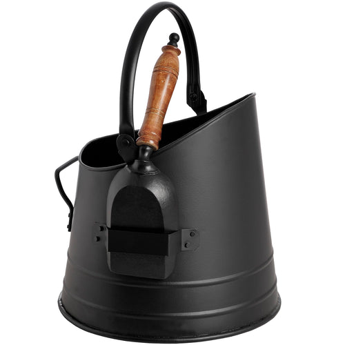 A black steel coal bucket with a teak wood handle shovel, with a small looped metal structure attached to the handle.