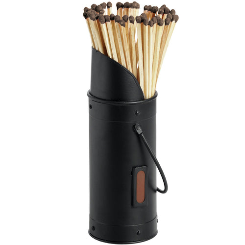 A black cylindrical matchstick holder filled with matches, featuring a matte finish and a handle on the side.