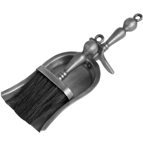 Antique pewter effect finish hearth tidy set consisting of a hand brush and shovel with a silver finish.