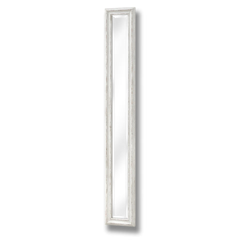 A narrow wall mirror with an antique white frame.