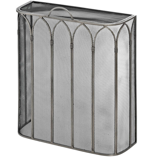 A pewter firescreen with a gothic design, featuring mesh panels and pointed arches.