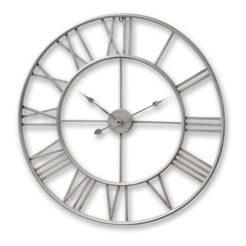 A large silver skeleton wall clock with a minimalist design, showcasing the inner workings of the clock mechanism.