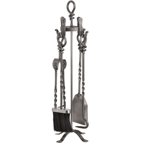 A set of fireplace tools with a pewter finish, featuring loop-top design and slender handles, standing upright.