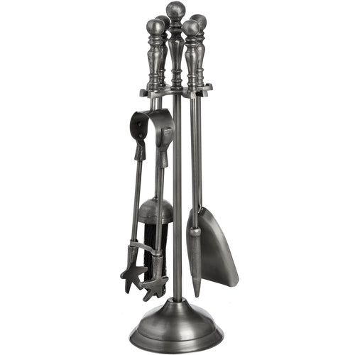 A traditional companion set in antique pewter finish including tongs, poker, shovel, brush, and a stand