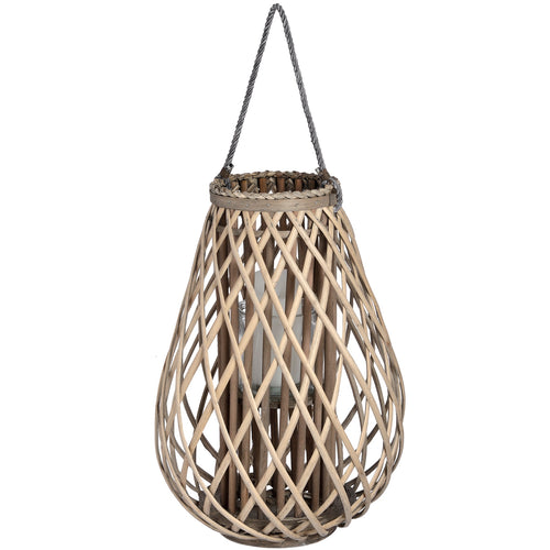A large wicker bulbous lantern with a rattan weave pattern, designed for outdoor or indoor use.