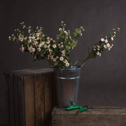 Artificial cream wild meadow rose in a metal vase, with green leaves and stems against a dark background.