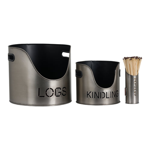 A set of two pewter finish buckets, one labeled 'LOGS' and the other 'KINDLING', along with a matchstick holder.