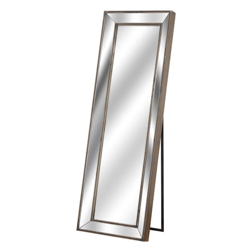 A tall, freestanding cheval mirror with a metallic frame, standing in an upright position.