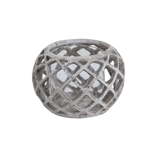 A round ceramic lattice hurricane lantern with a natural stone finish and intricate geometric pattern.