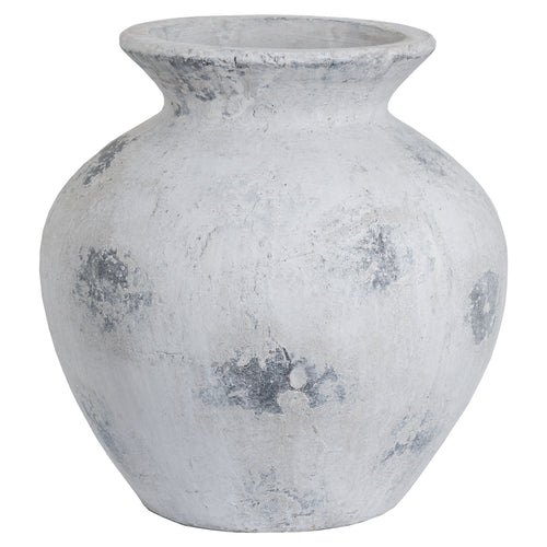 A large antique white vase with a Greek style design, suitable for displaying flowers.