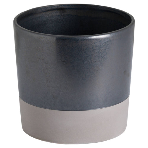 A metallic grey ceramic planter with a minimalist design. The planter is cylindrical with a lustrous metallic finish on the upper half and a matte grey base.