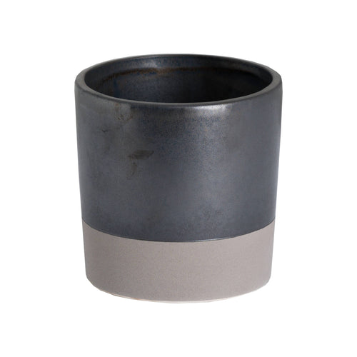 A metallic grey ceramic planter with a minimalist design, featuring a refined finish and clean lines.