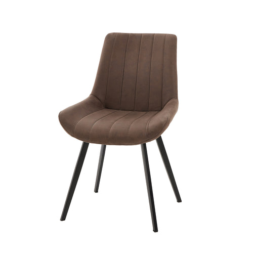 A modern sleek brown dining chair with channel-stitched seat and backrest, supported by black metal legs.