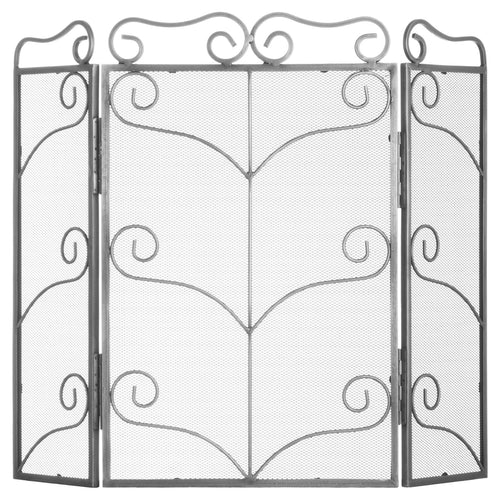 A heavy, large antique silver fire screen with ornate scrollwork and intricate leaf motifs.