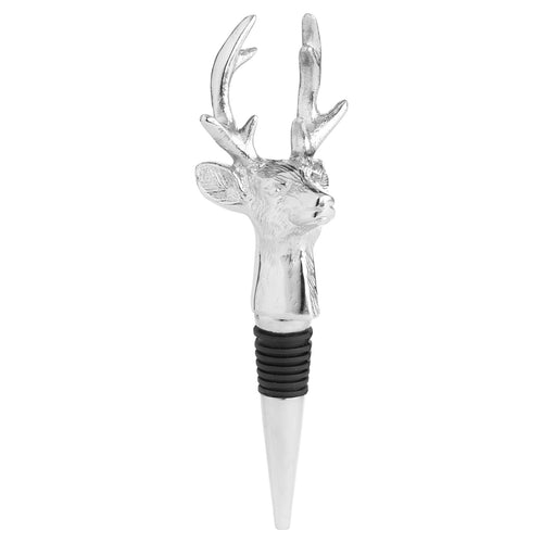 A silver nickel bottle stopper in the shape of a reindeer's head.