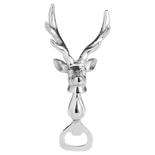 A silver nickel stag head detail bottle opener with a polished finish and a functional design.