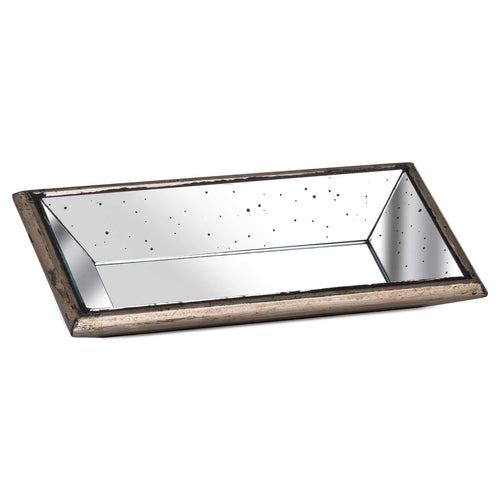 A rectangular distressed mirrored display tray with wooden detailing, featuring a weathered silver finish.