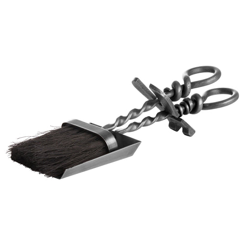 A traditional silver hearth tidy set with a hand turned loop handle, consisting of a brush and a shovel, displayed against a white background.