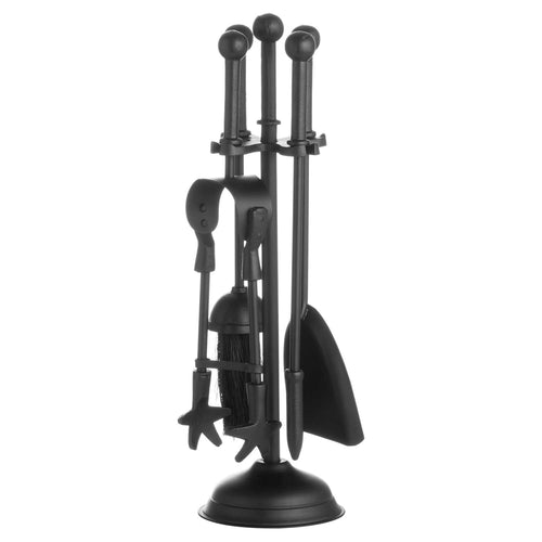 A black fireplace tool set with a ball top design, including a shovel, poker, and tongs, neatly arranged on a stand.