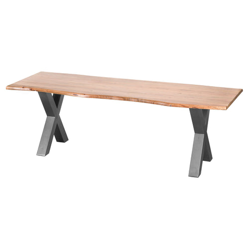 A large dining table with a live edge featuring Indian acacia wood and a grey metal cross-frame base.