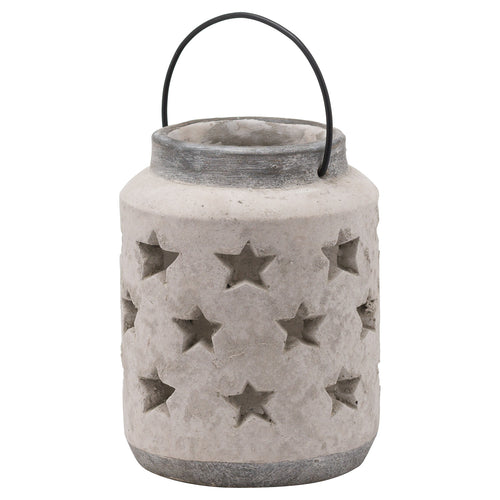 A beige stone lantern with star cut-outs, featuring a black metal handle on top for hanging.