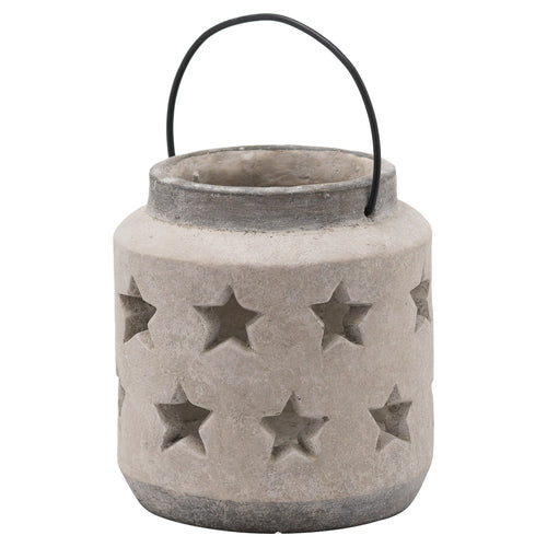 A beige stone lantern with star cut-outs, featuring a black metal handle on top for hanging.
