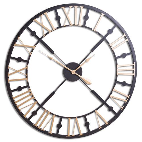 A round wall clock with a black and gold color scheme, featuring Roman numerals and a skeleton design.