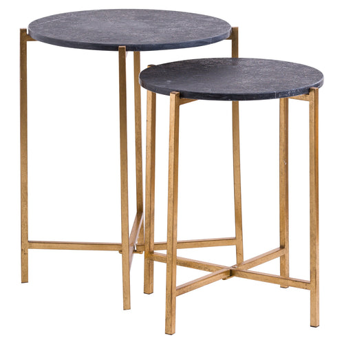 A set of two nesting tables with black marble tops and gold-colored metallic bases.
