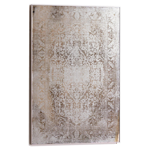 An antique etched foxed wall art mirror with a silver frame showing intricate etched designs on the surface.