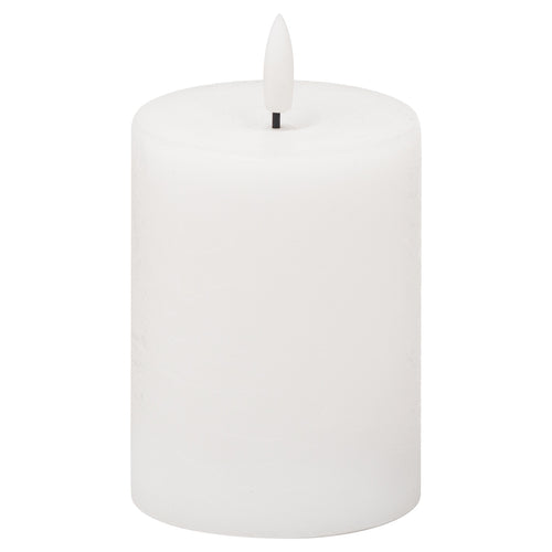 A white cylindrical LED candle with a realistic appearance and a small LED light at the top mimicking a flame.