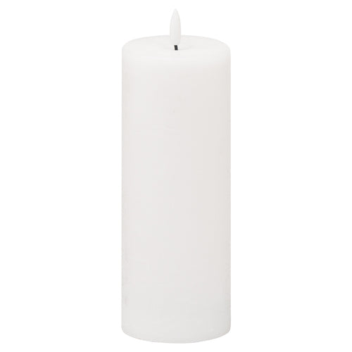 A white cylindrical LED candle with a realistic flame effect, part of the Luxe Collection.