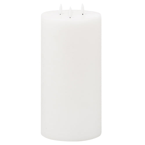 A white cylindrical LED candle with three wicks at the top, set against a plain background.