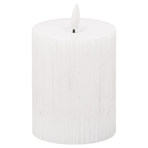 A white textured ribbed LED candle with a realistic appearance, designed for indoor use.