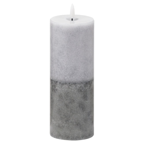 A cylindrical LED candle with a two-tone stone finish, predominantly gray, with a gentle amber flame at the top.