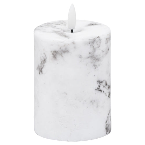 A white marble-effect LED candle with a realistic wax appearance.