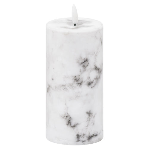 A cylindrical LED candle with a marble effect pattern.