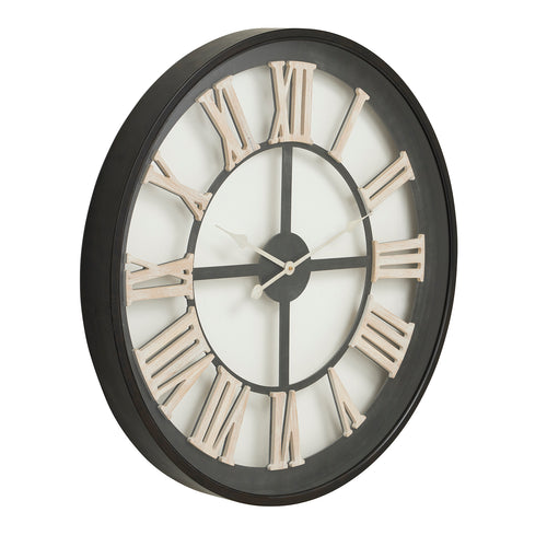 A black framed wall clock with white Roman numerals and a glass front.