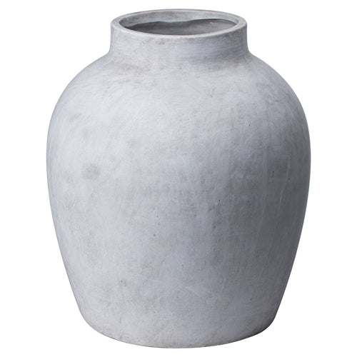 A gray stone vase with a textured surface and a rounded shape.
