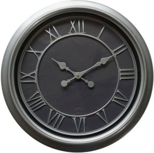 A round wall clock with a dark grey face, silvered hands and Roman numerals, set within a silver frame.