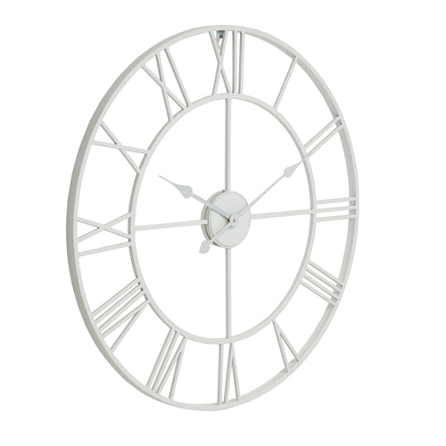 A white skeleton wall clock with a round shape and Roman numerals.
