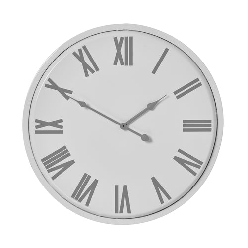 A round silver wall clock with Roman numerals and a thin frame.