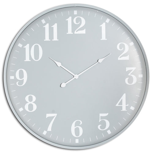 A large round wall clock with a silver frame and white face, displaying black hour, minute, and second hands, and numbers.