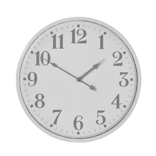 A round silver metal wall clock with a white face and black numerals.
