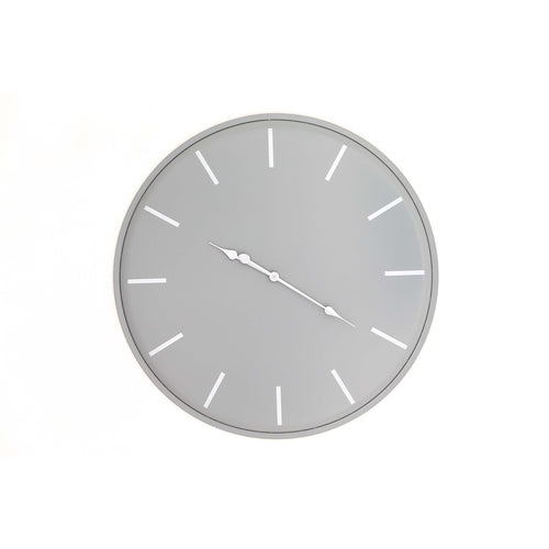 A large contemporary metal wall clock with a minimalistic design, featuring a grey dial and simple hour markers.