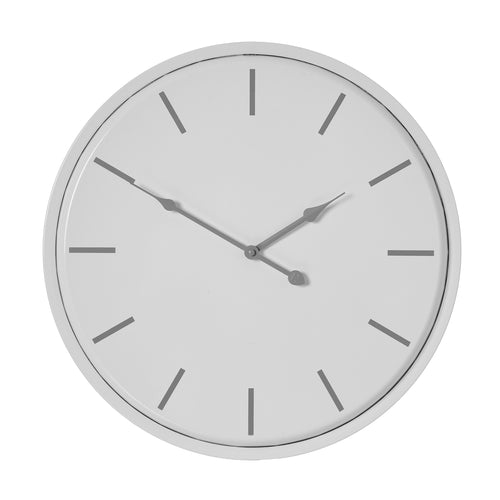A round silver metal wall clock with a minimalistic design, featuring simple hour, minute, and second hands, with no visible clock markings.