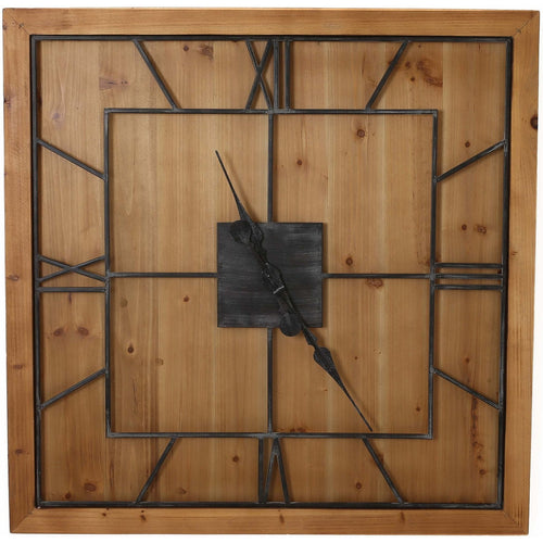 A square wooden wall clock with black metal Roman numerals and hands, the clock has a wood frame and a grey metal center.