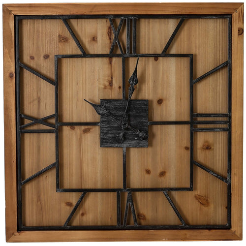 A square-shaped wall clock with a wooden frame and grey metal Roman numerals.