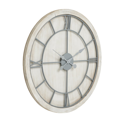 A Large round white wall clock with gray metal Roman numerals and a wooden frame.