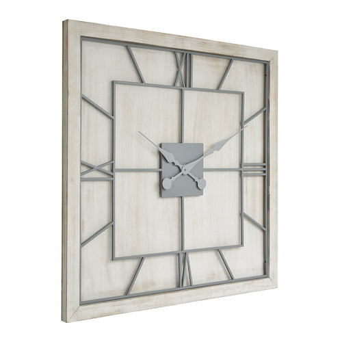 A square wall clock with a white-washed wooden frame and light grey metal Roman numerals.