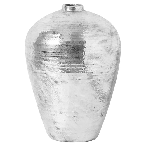 A large, silver, hammered vase with an ovoid shape, standing upright.